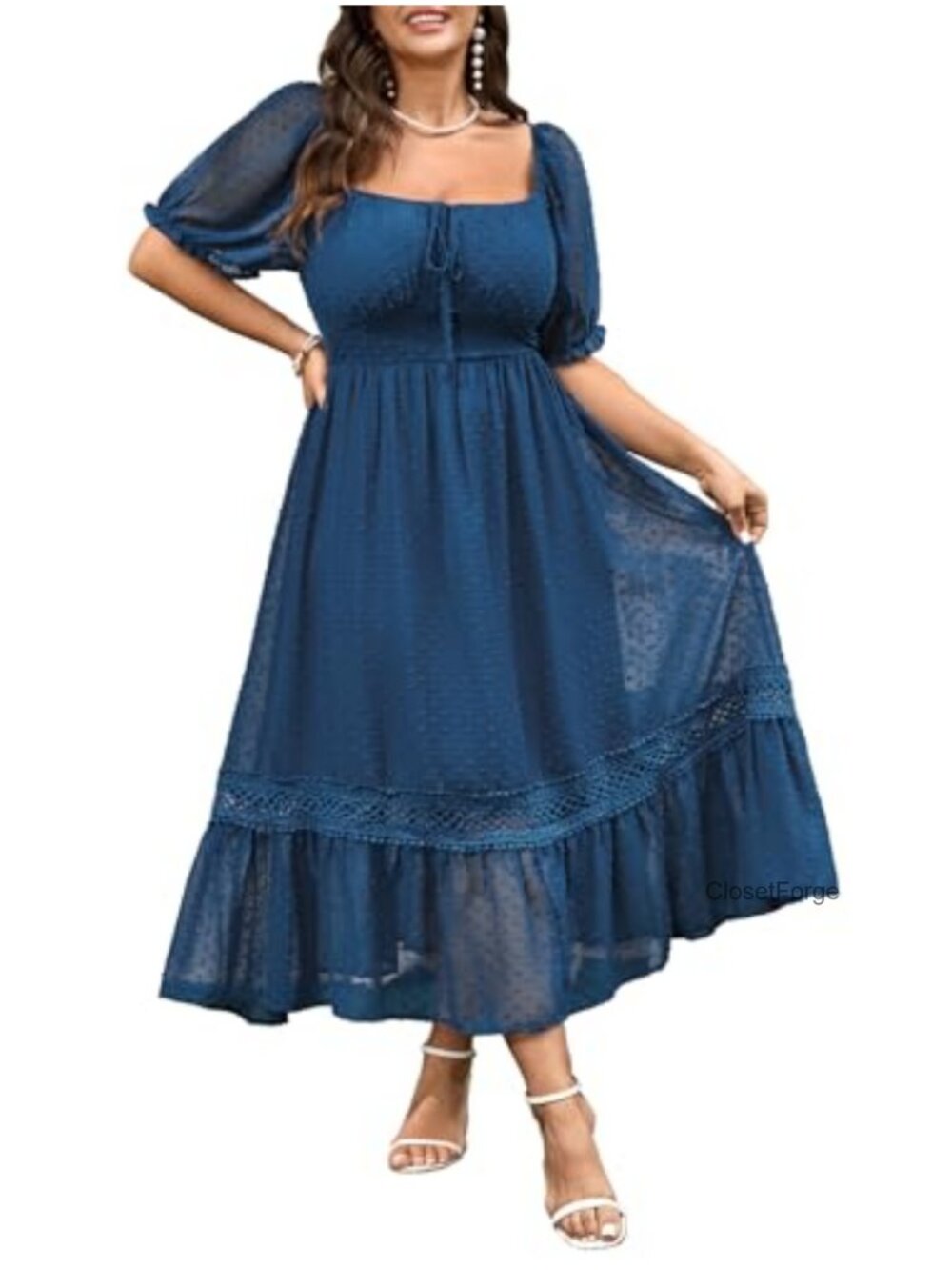 Plus Size Swiss Dot Maxi Dress Square Neck Tie Front Puff Sleeve Wedding Guest